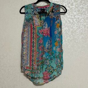 Shana Mixed Floral Paisley Patchwork Sleeveless Blouse Viscose Silk Teal Blue XS
